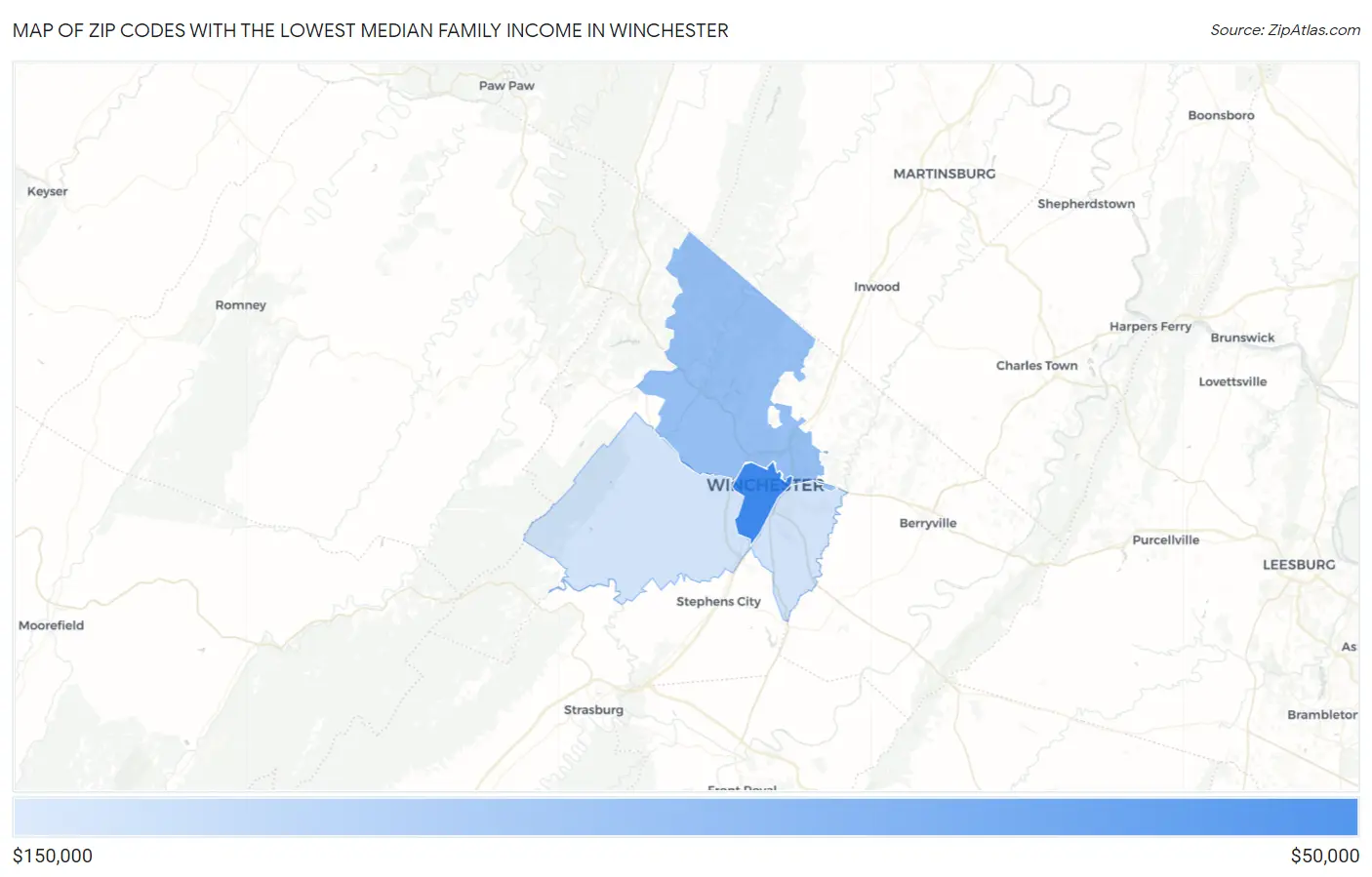 Zip Codes with the Lowest Median Family Income in Winchester Map
