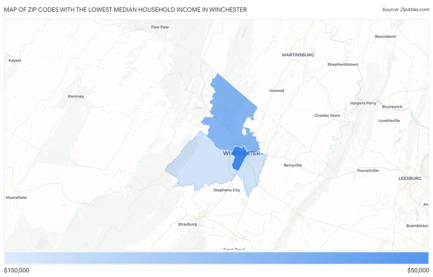Zip Codes with the Lowest Median Household Income in Winchester Map