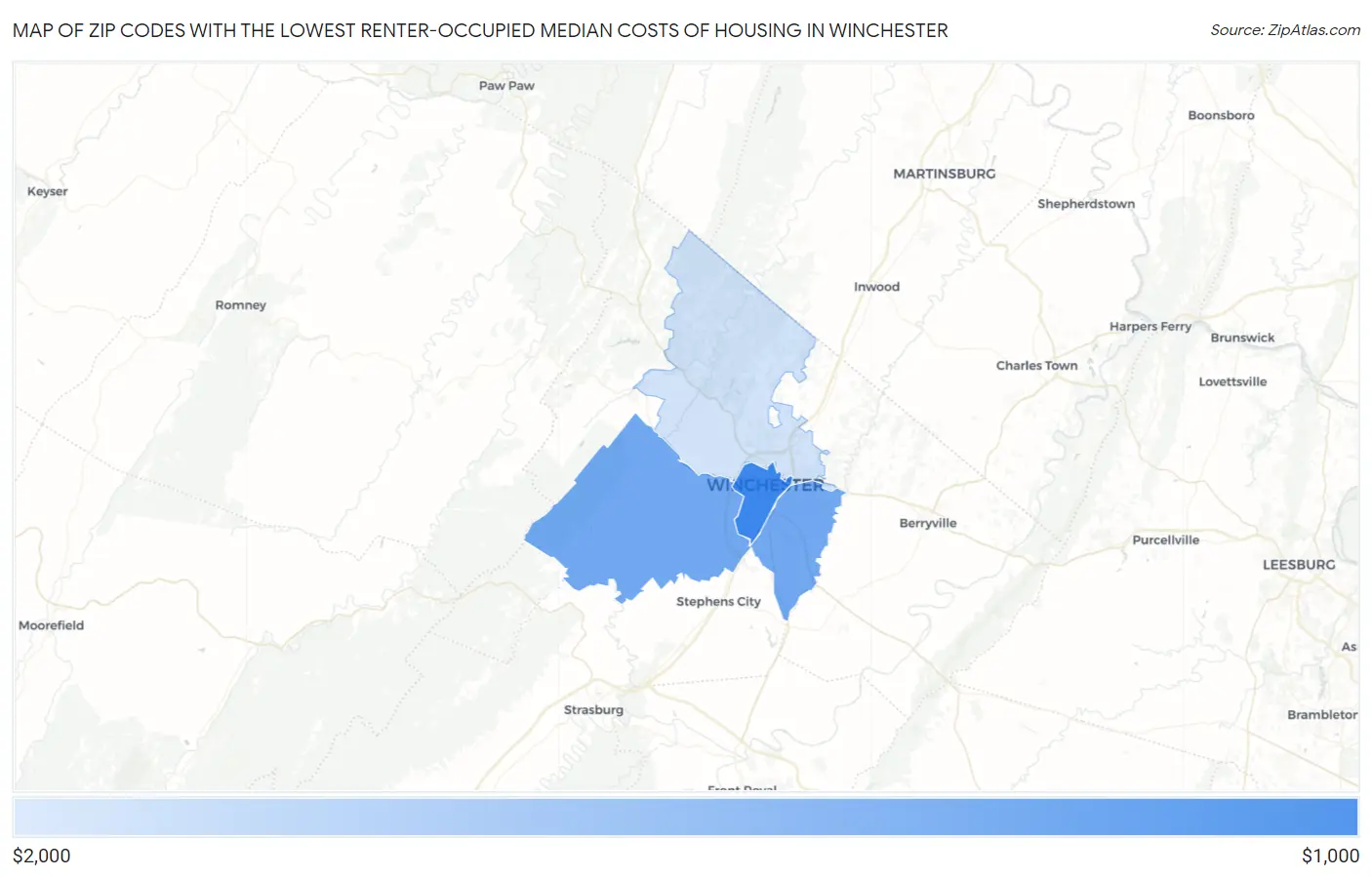 Zip Codes with the Lowest Renter-Occupied Median Costs of Housing in Winchester Map