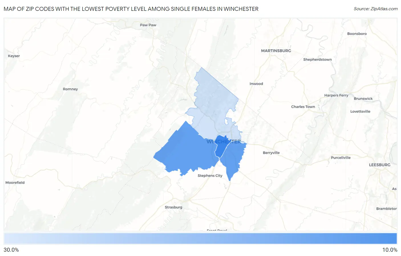 Zip Codes with the Lowest Poverty Level Among Single Females in Winchester Map