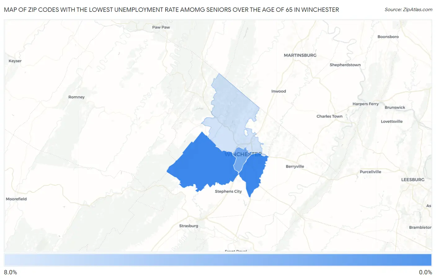 Zip Codes with the Lowest Unemployment Rate Amomg Seniors Over the Age of 65 in Winchester Map