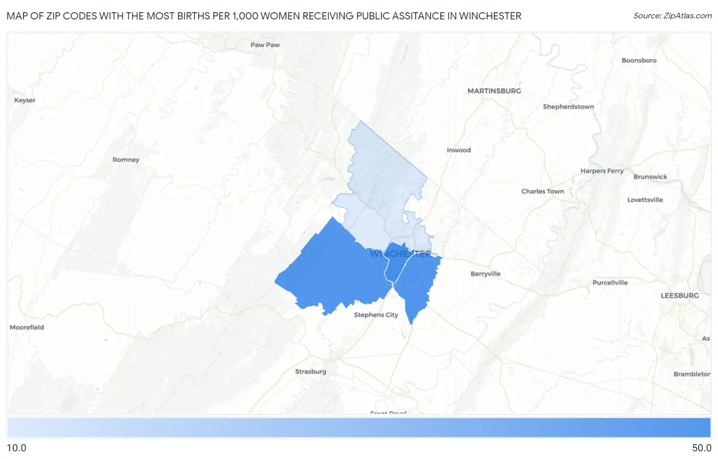 Zip Codes with the Most Births per 1,000 Women Receiving Public Assitance in Winchester Map