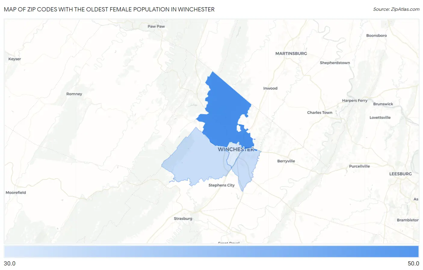 Zip Codes with the Oldest Female Population in Winchester Map
