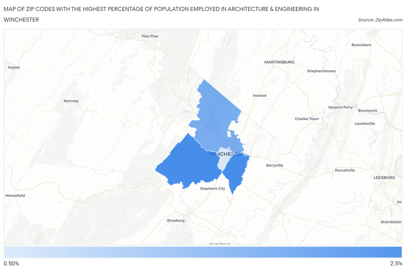 Zip Codes with the Highest Percentage of Population Employed in Architecture & Engineering in Winchester Map