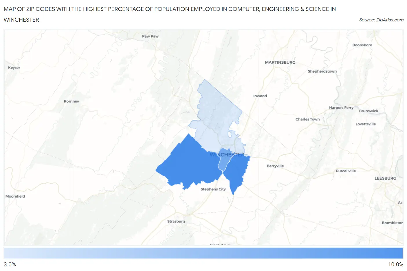 Zip Codes with the Highest Percentage of Population Employed in Computer, Engineering & Science in Winchester Map
