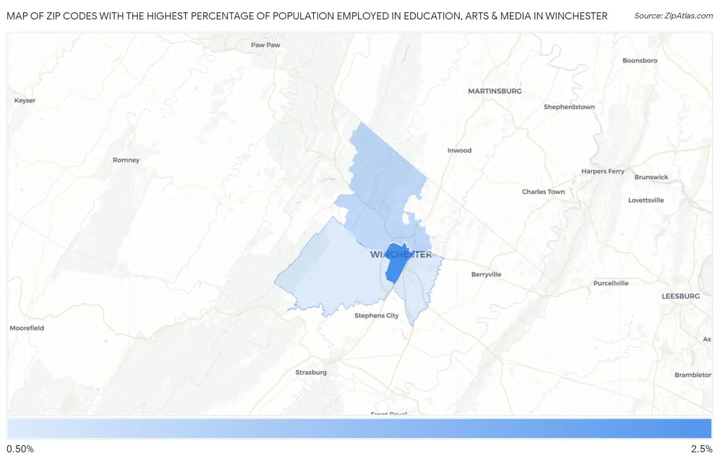 Zip Codes with the Highest Percentage of Population Employed in Education, Arts & Media in Winchester Map