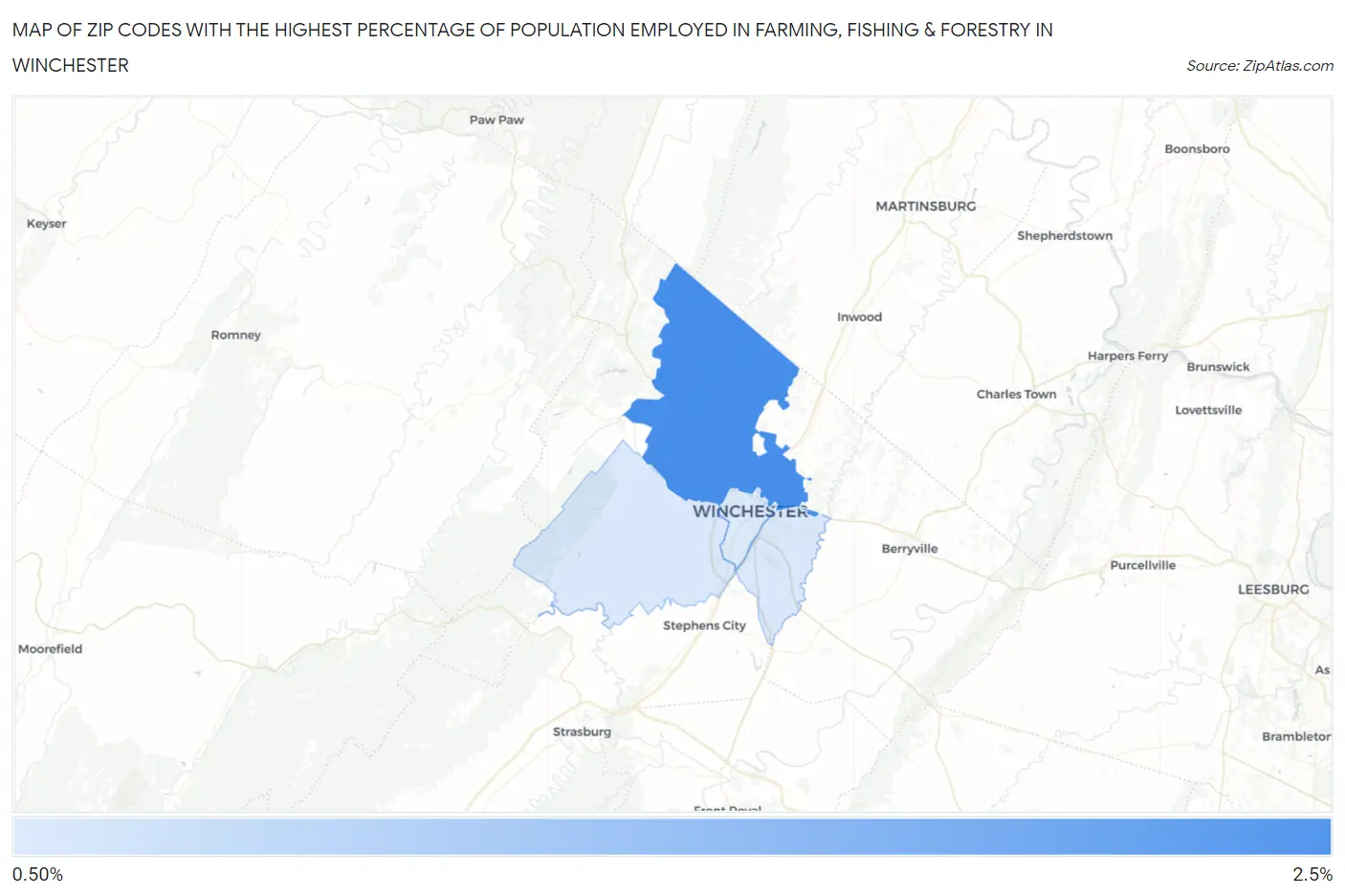 Zip Codes with the Highest Percentage of Population Employed in Farming, Fishing & Forestry in Winchester Map