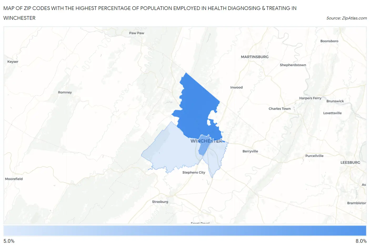 Zip Codes with the Highest Percentage of Population Employed in Health Diagnosing & Treating in Winchester Map