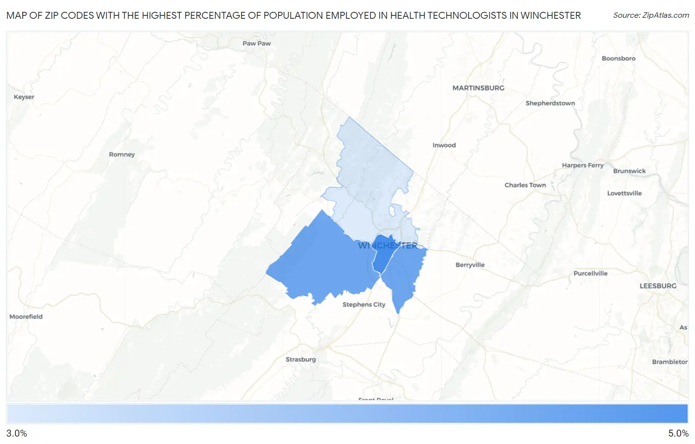 Zip Codes with the Highest Percentage of Population Employed in Health Technologists in Winchester Map