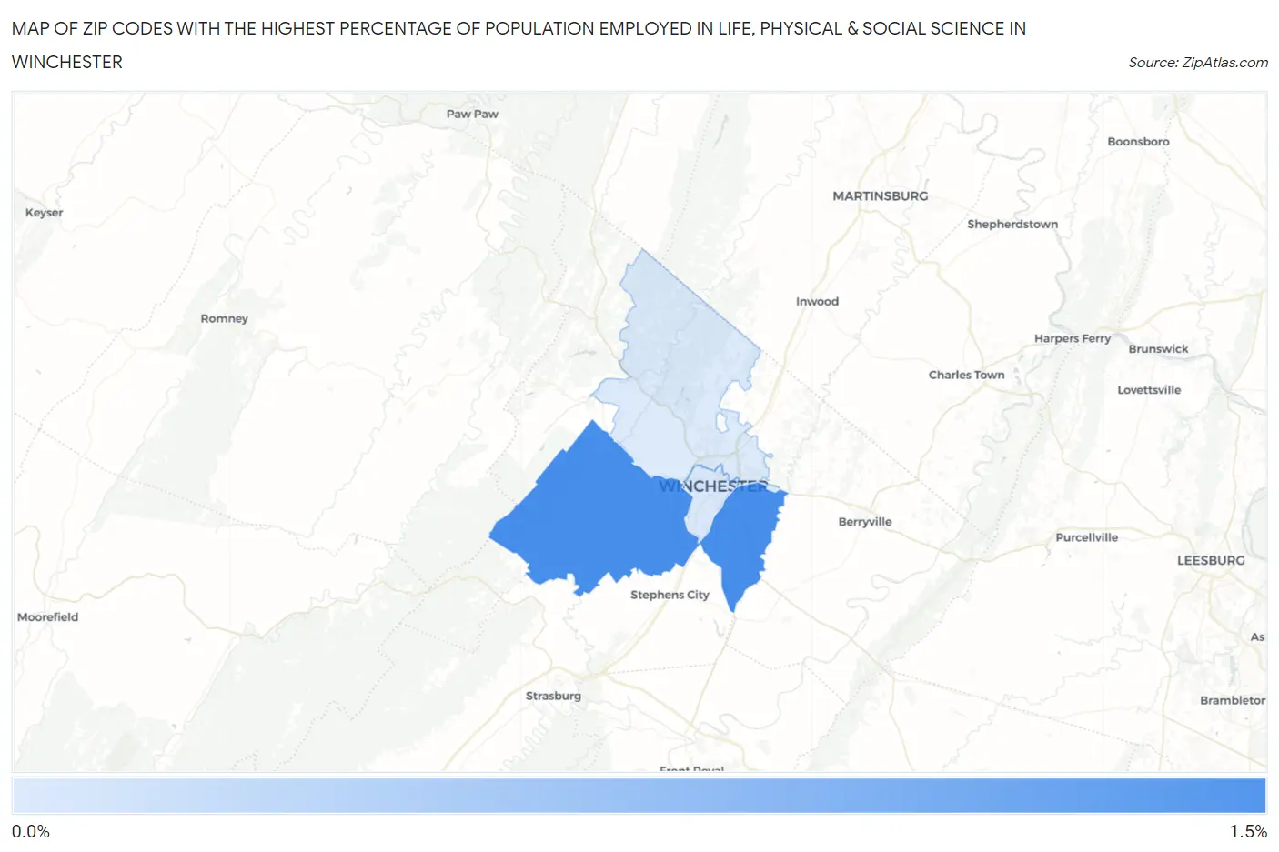 Zip Codes with the Highest Percentage of Population Employed in Life, Physical & Social Science in Winchester Map