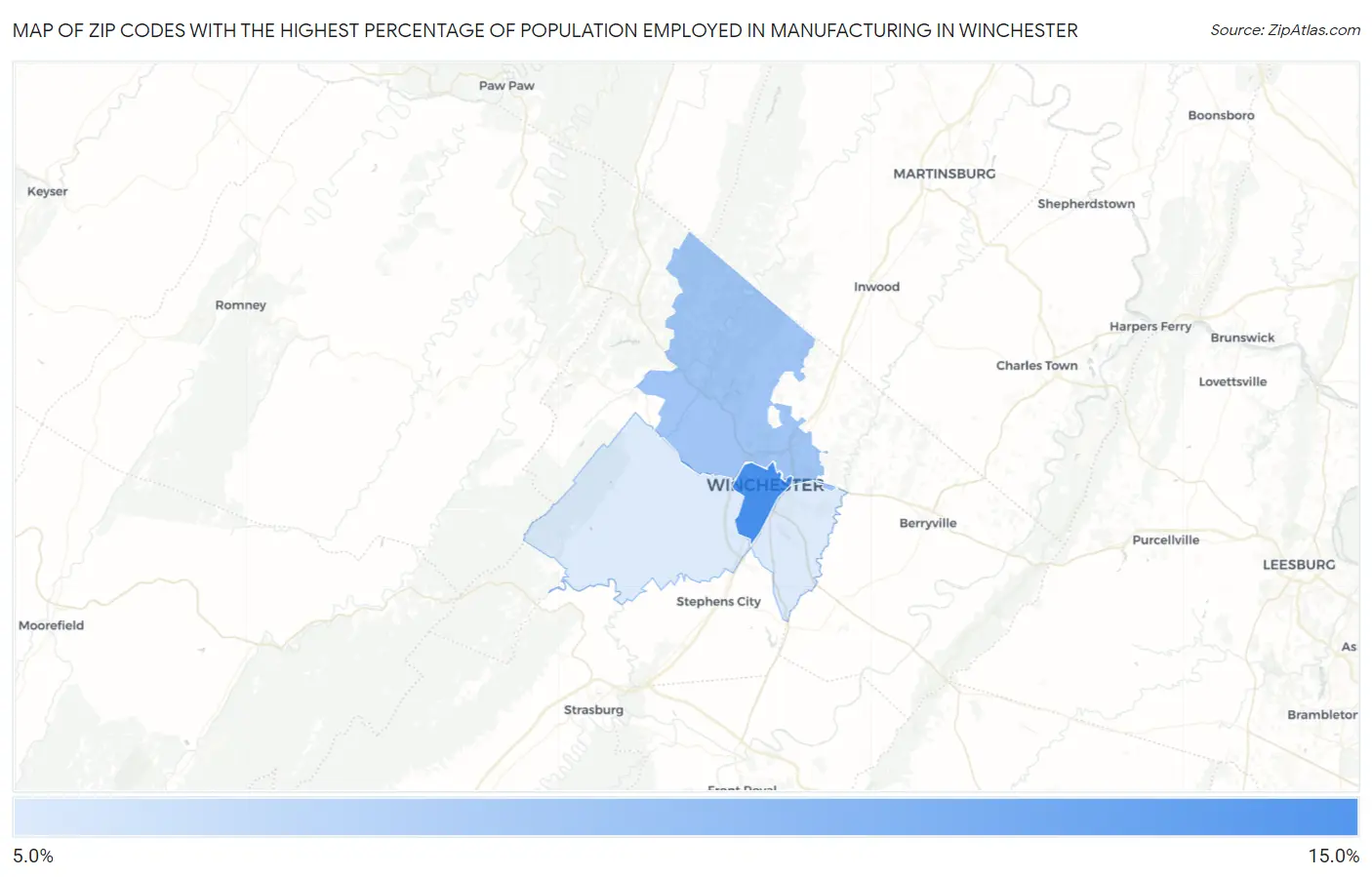 Zip Codes with the Highest Percentage of Population Employed in Manufacturing in Winchester Map