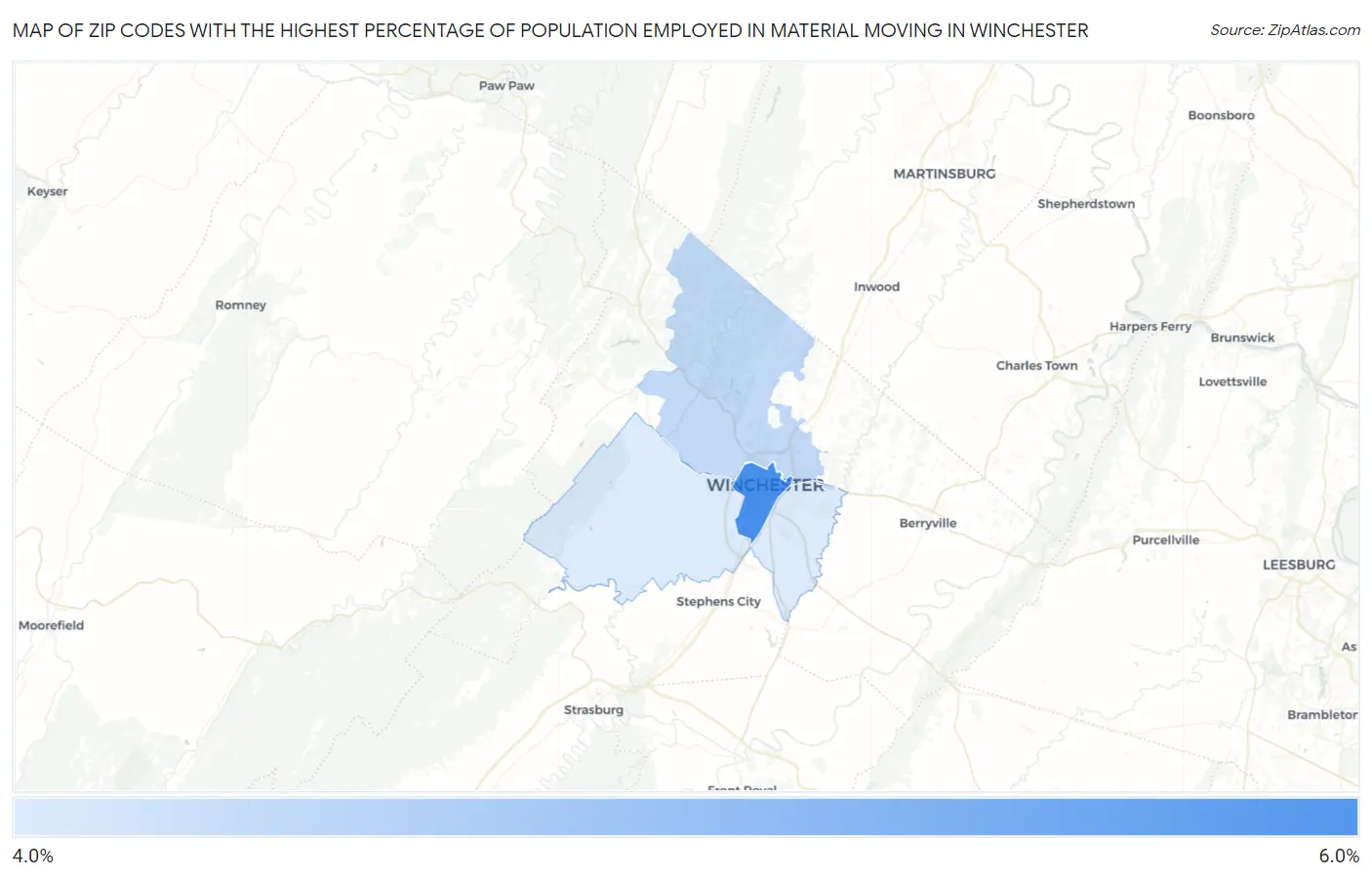 Zip Codes with the Highest Percentage of Population Employed in Material Moving in Winchester Map