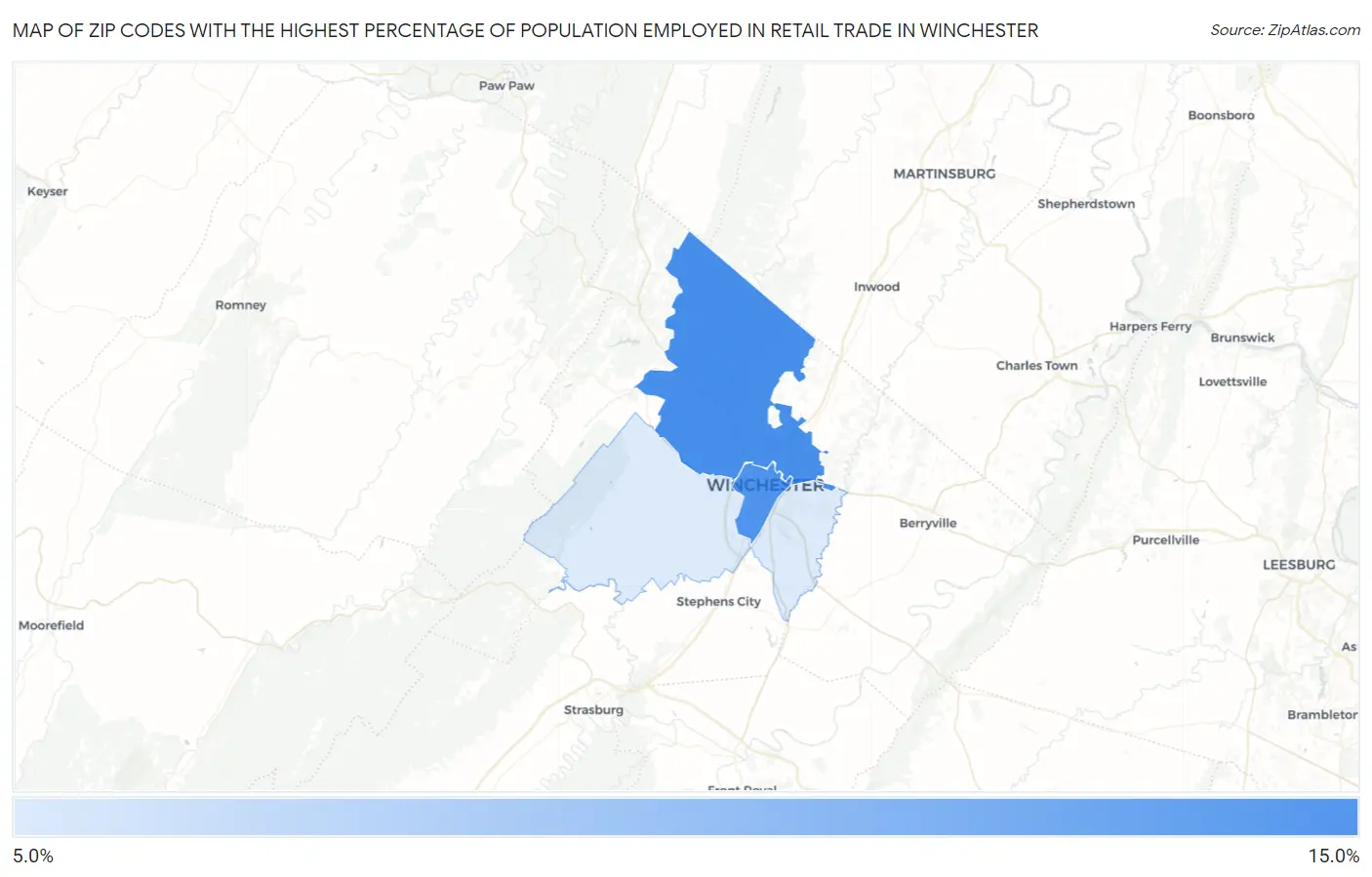 Zip Codes with the Highest Percentage of Population Employed in Retail Trade in Winchester Map