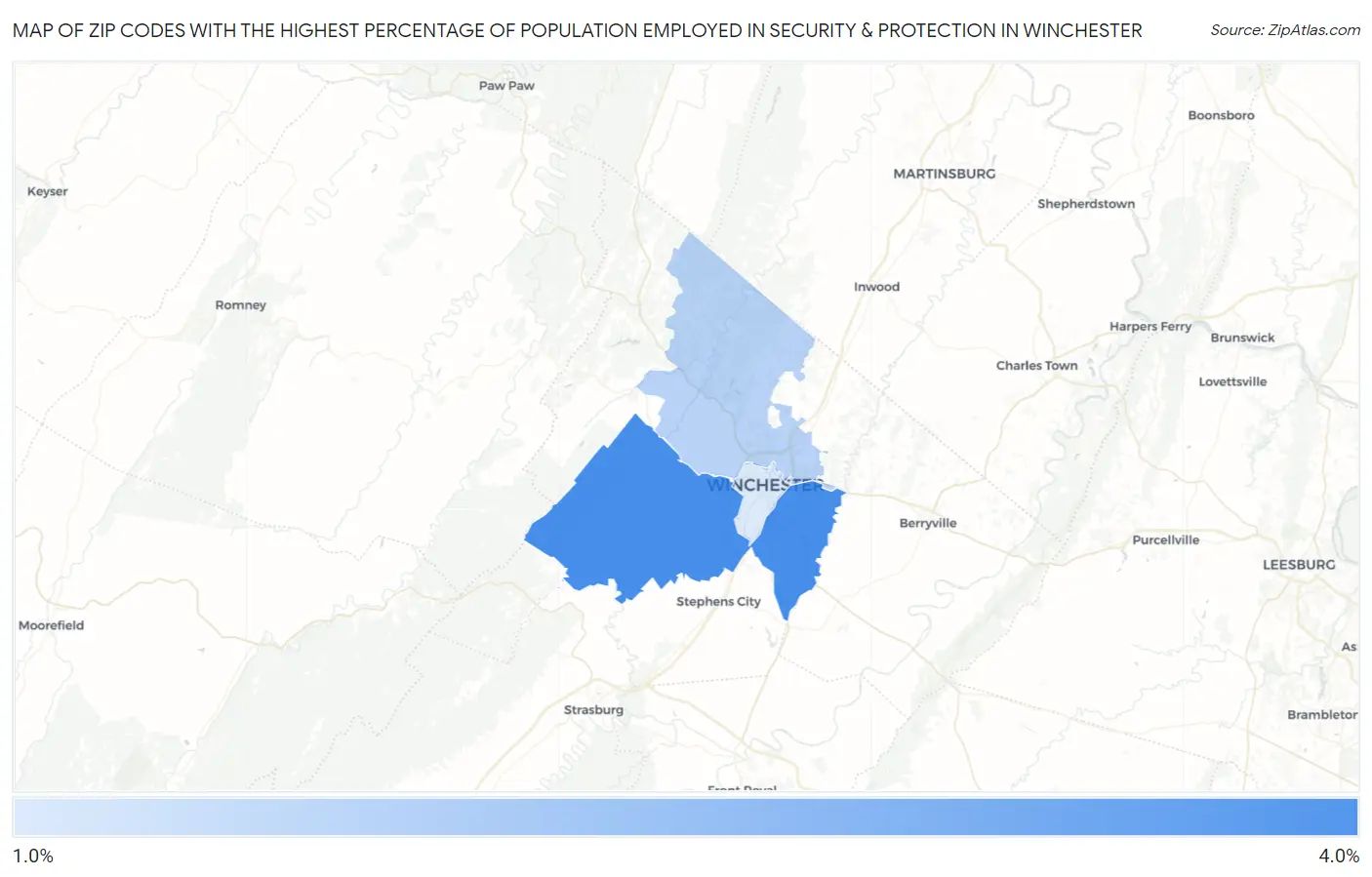 Zip Codes with the Highest Percentage of Population Employed in Security & Protection in Winchester Map
