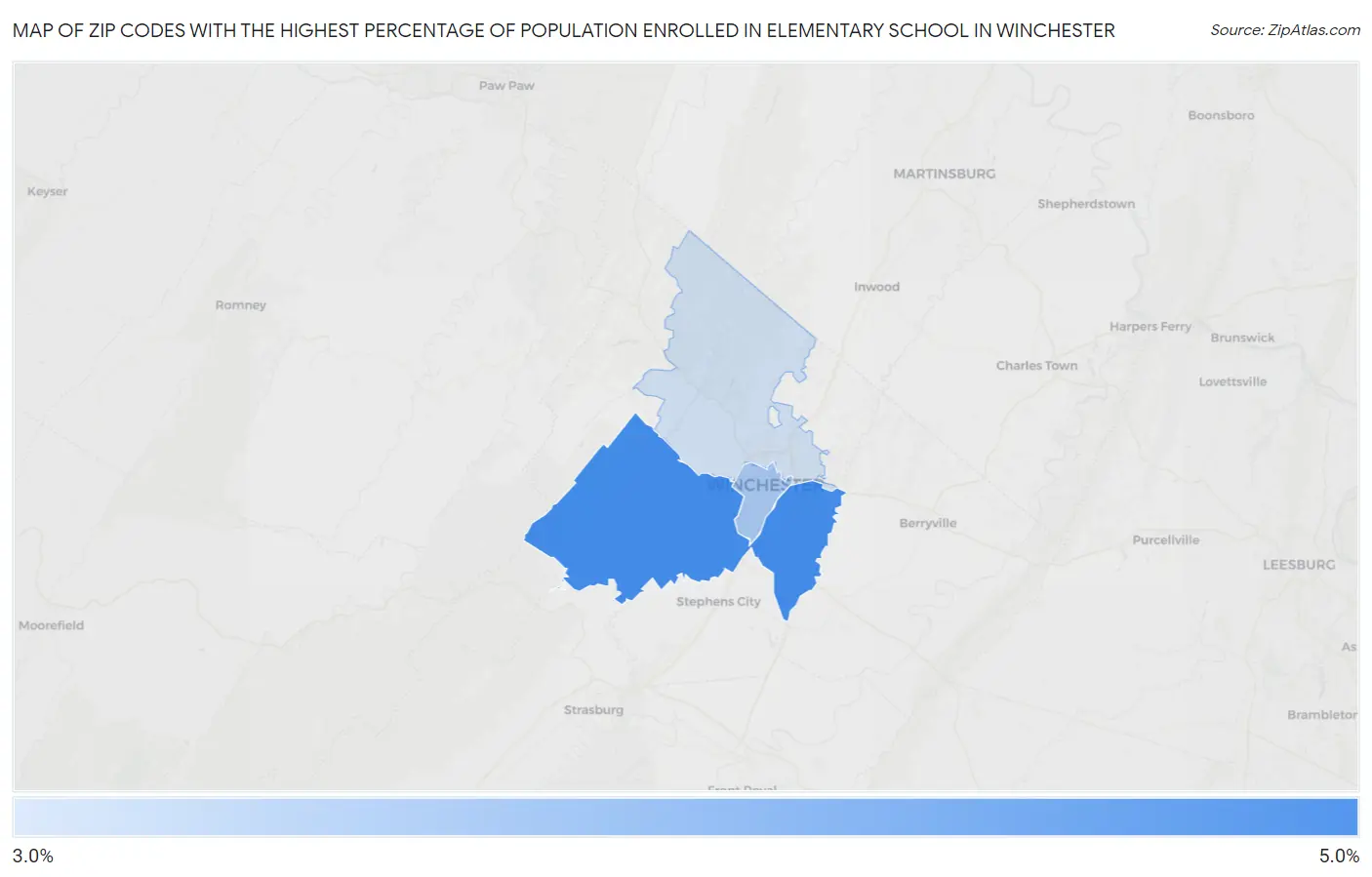 Zip Codes with the Highest Percentage of Population Enrolled in Elementary School in Winchester Map