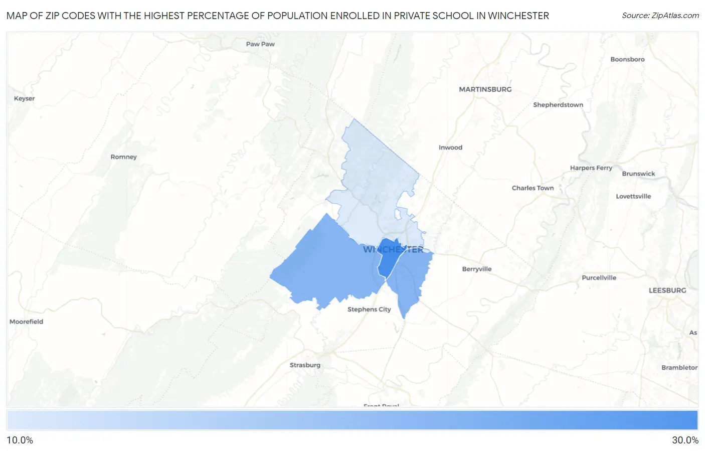 Zip Codes with the Highest Percentage of Population Enrolled in Private School in Winchester Map
