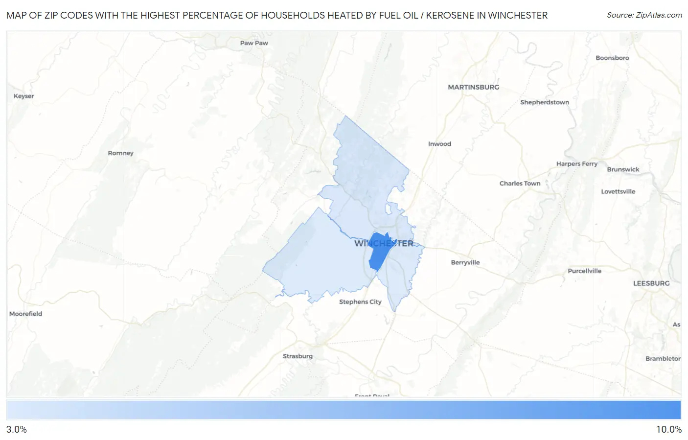 Zip Codes with the Highest Percentage of Households Heated by Fuel Oil / Kerosene in Winchester Map