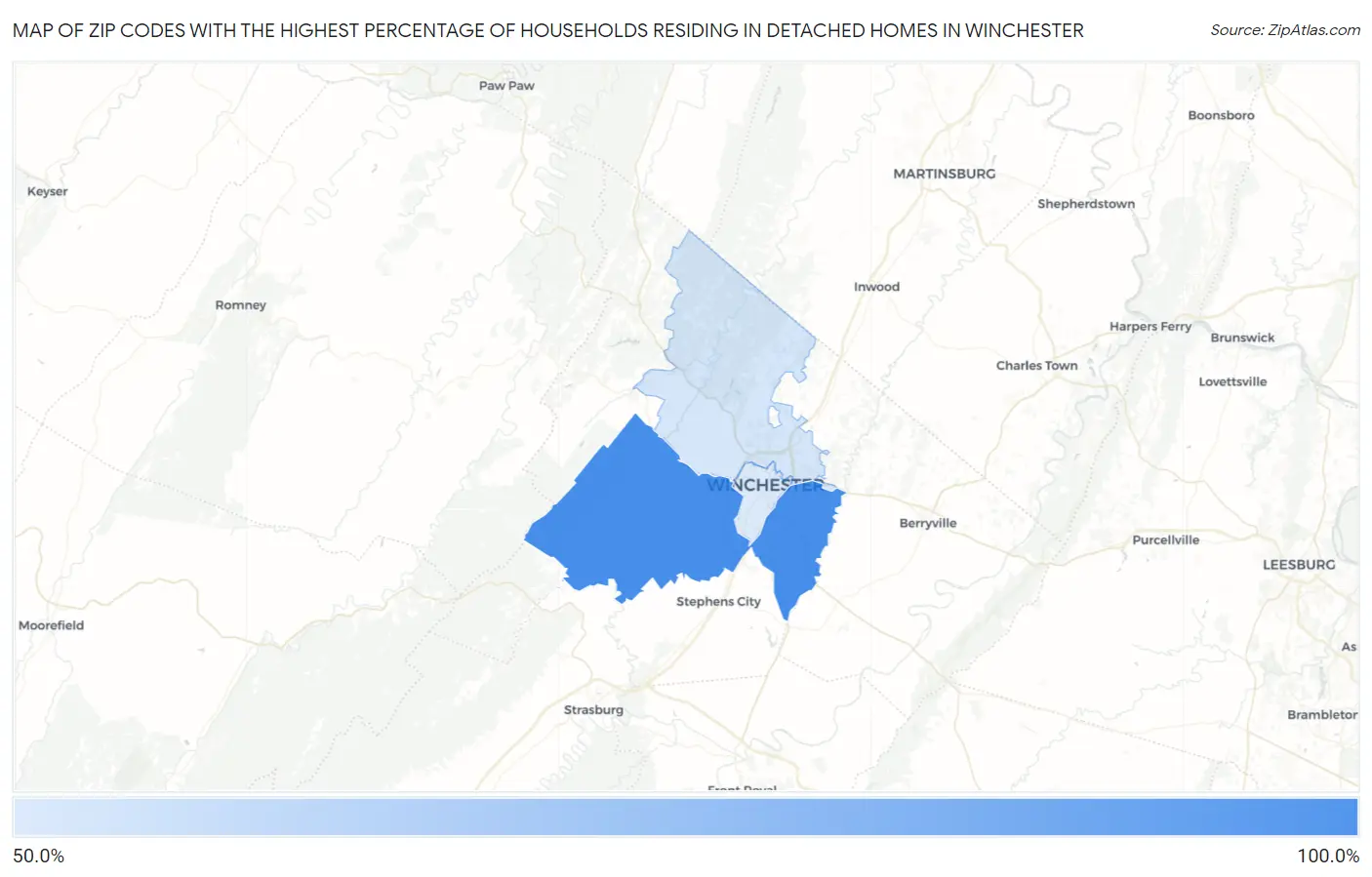Zip Codes with the Highest Percentage of Households Residing in Detached Homes in Winchester Map