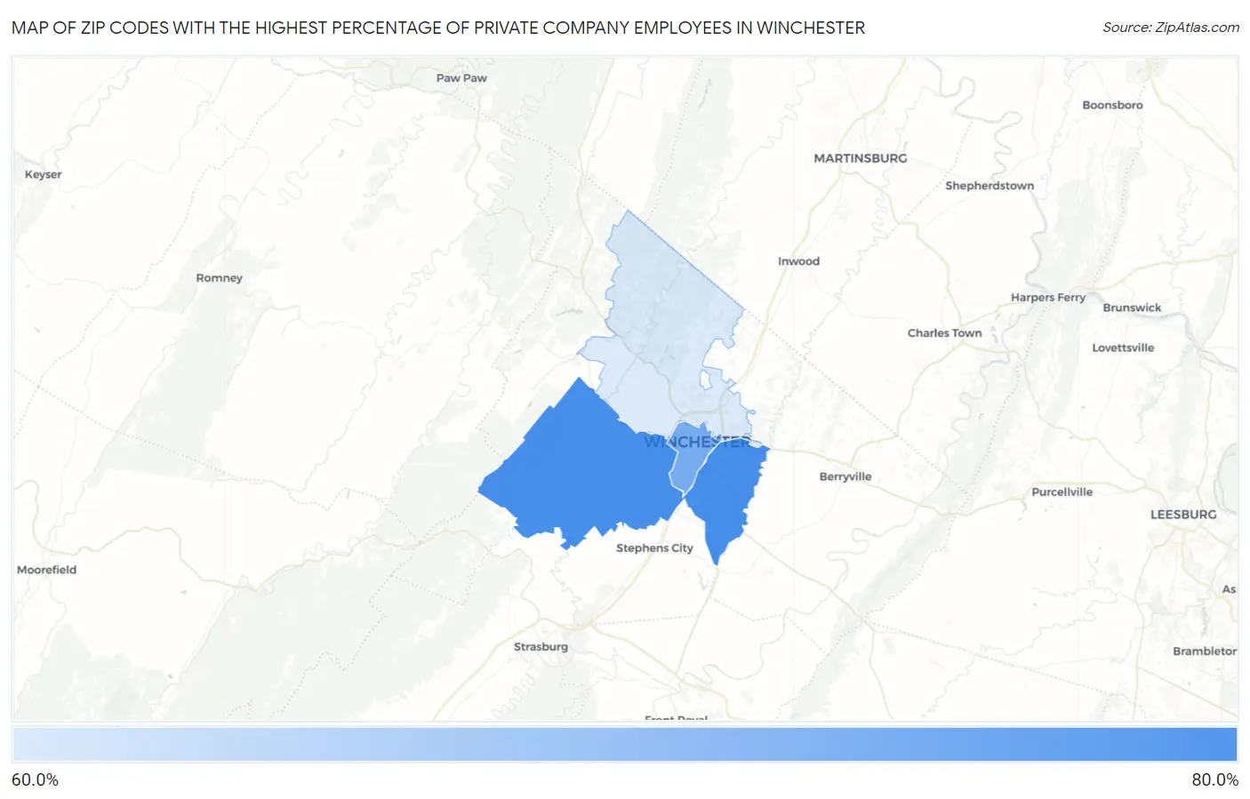 Zip Codes with the Highest Percentage of Private Company Employees in Winchester Map