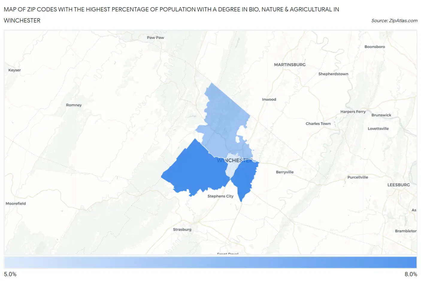 Zip Codes with the Highest Percentage of Population with a Degree in Bio, Nature & Agricultural in Winchester Map