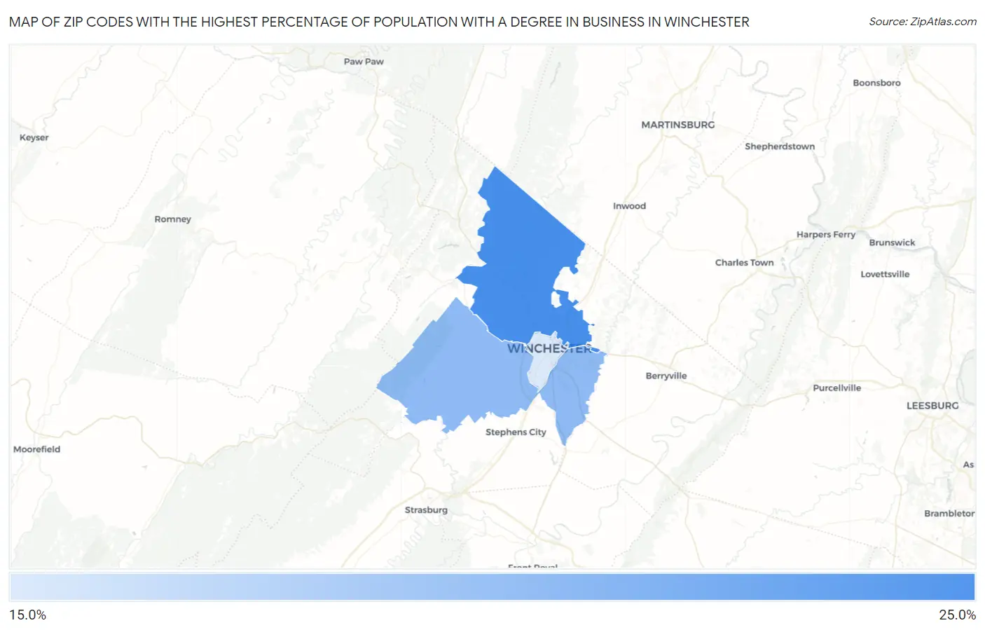 Zip Codes with the Highest Percentage of Population with a Degree in Business in Winchester Map
