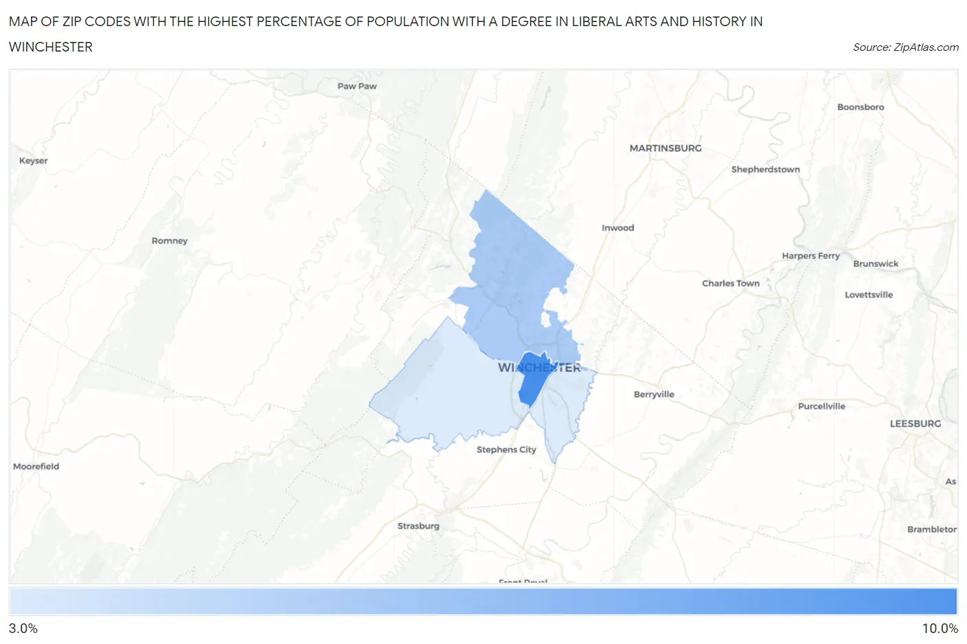 Zip Codes with the Highest Percentage of Population with a Degree in Liberal Arts and History in Winchester Map