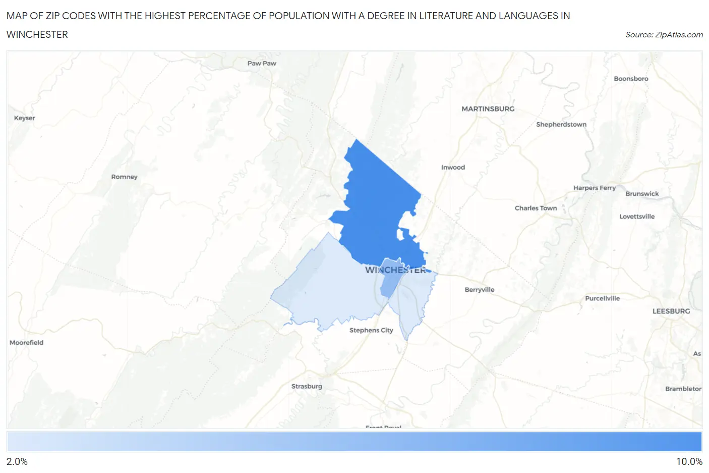 Zip Codes with the Highest Percentage of Population with a Degree in Literature and Languages in Winchester Map