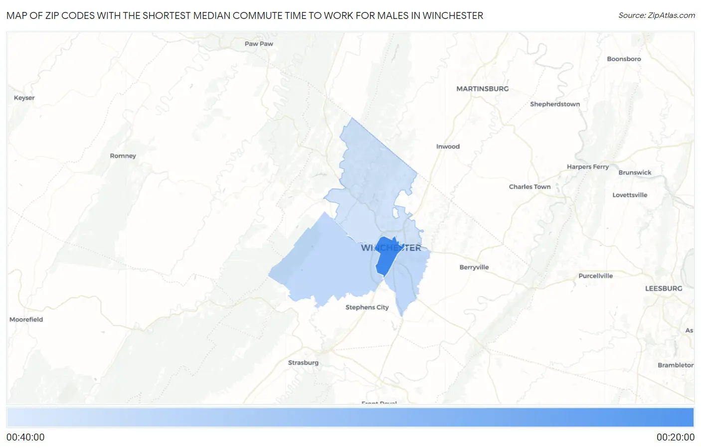 Zip Codes with the Shortest Median Commute Time to Work for Males in Winchester Map