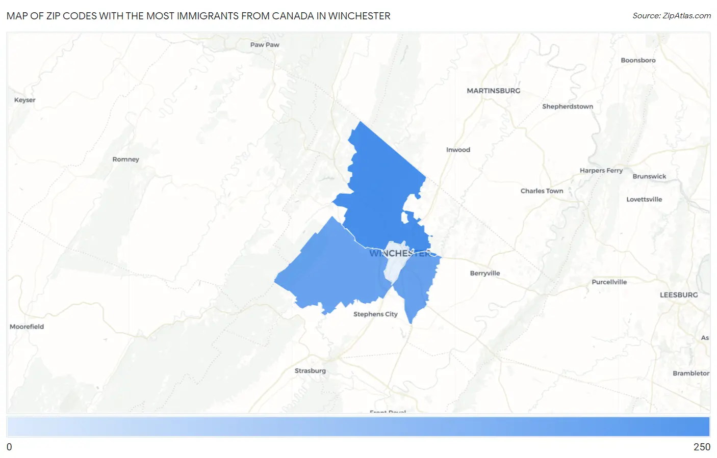 Zip Codes with the Most Immigrants from Canada in Winchester Map