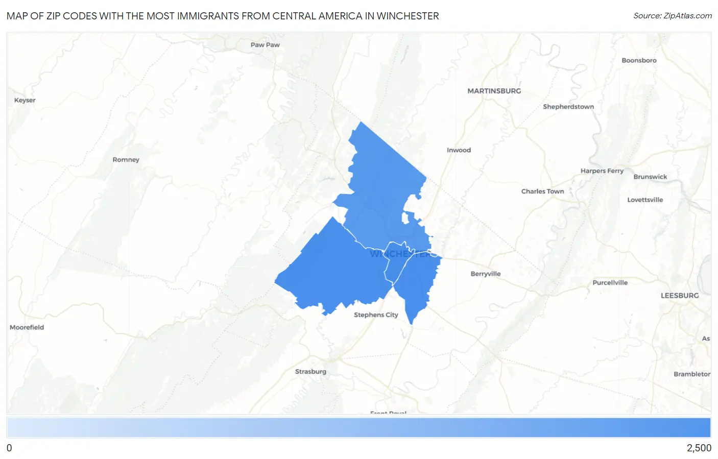 Zip Codes with the Most Immigrants from Central America in Winchester Map