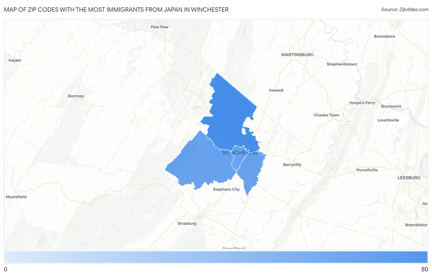 Zip Codes with the Most Immigrants from Japan in Winchester Map