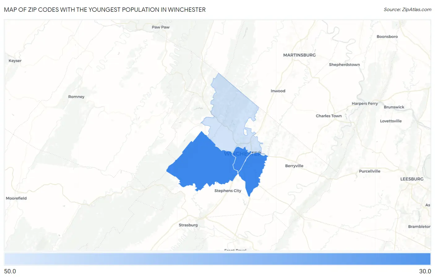 Zip Codes with the Youngest Population in Winchester Map