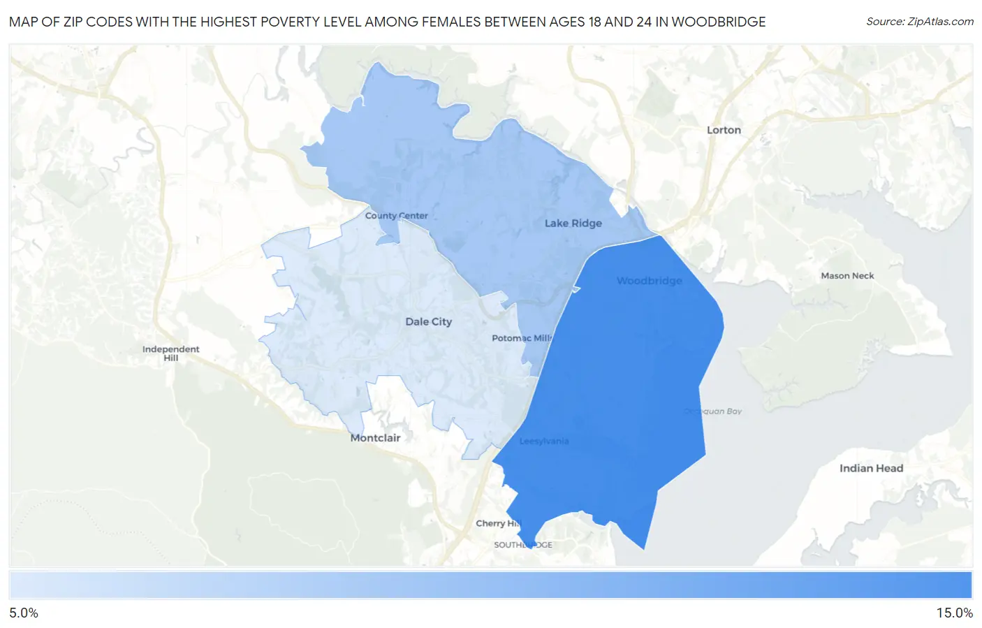 Zip Codes with the Highest Poverty Level Among Females Between Ages 18 and 24 in Woodbridge Map