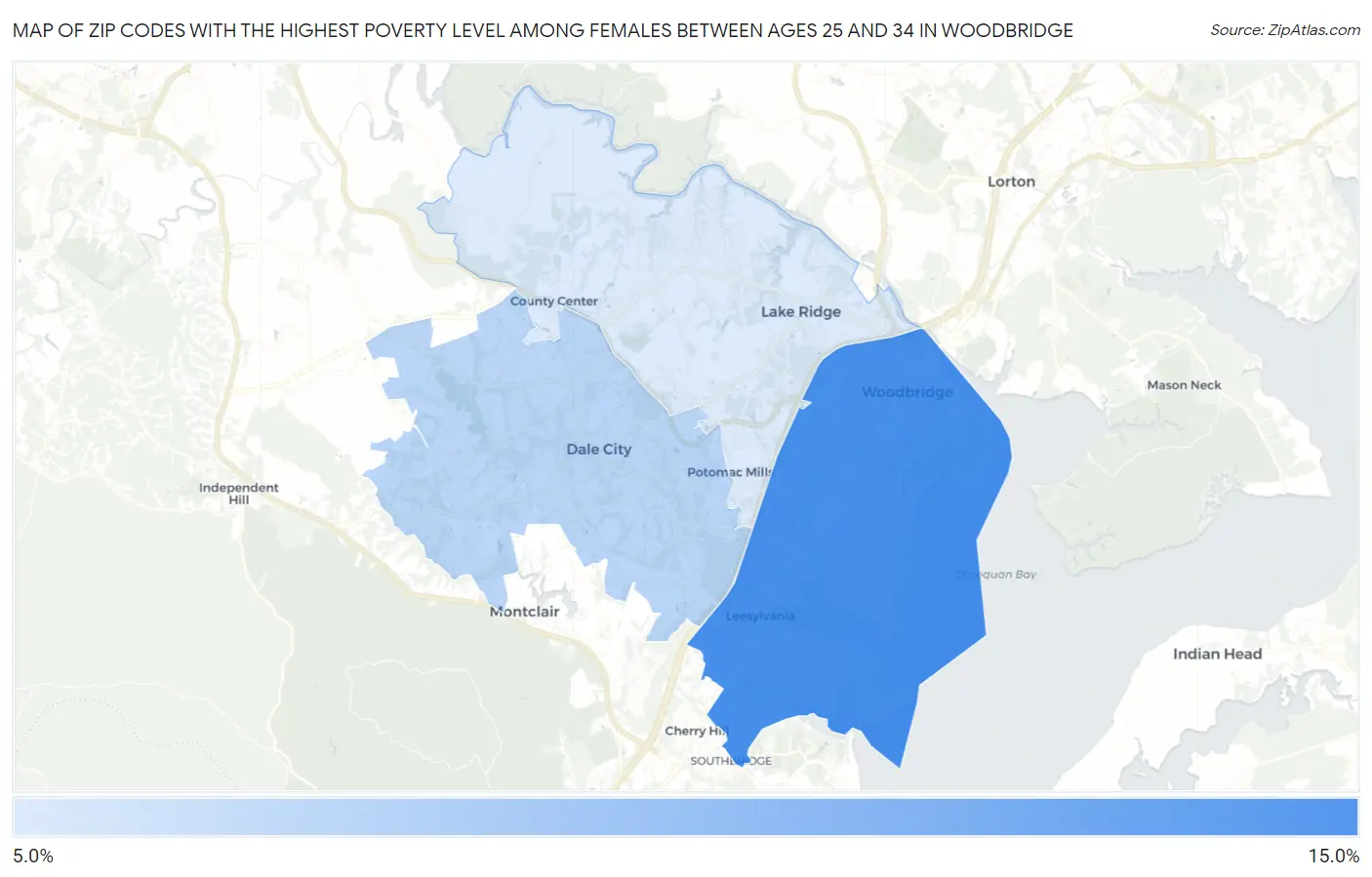 Zip Codes with the Highest Poverty Level Among Females Between Ages 25 and 34 in Woodbridge Map