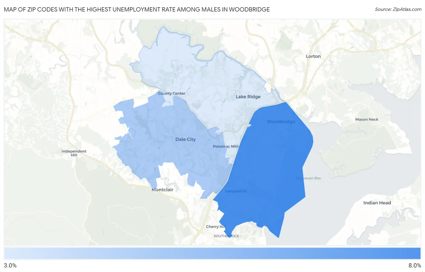 Zip Codes with the Highest Unemployment Rate Among Males in Woodbridge Map