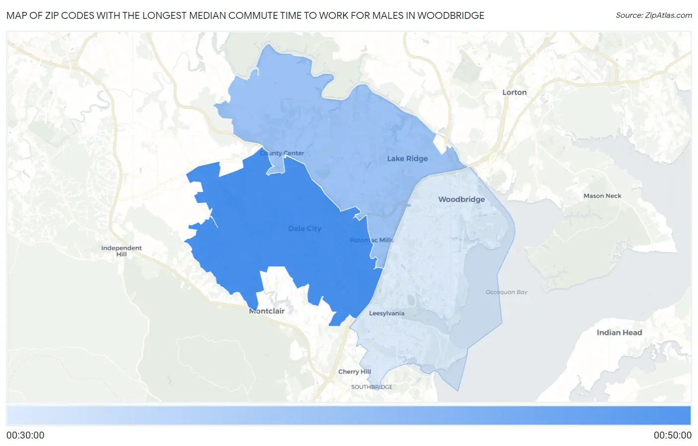 Zip Codes with the Longest Median Commute Time to Work for Males in Woodbridge Map