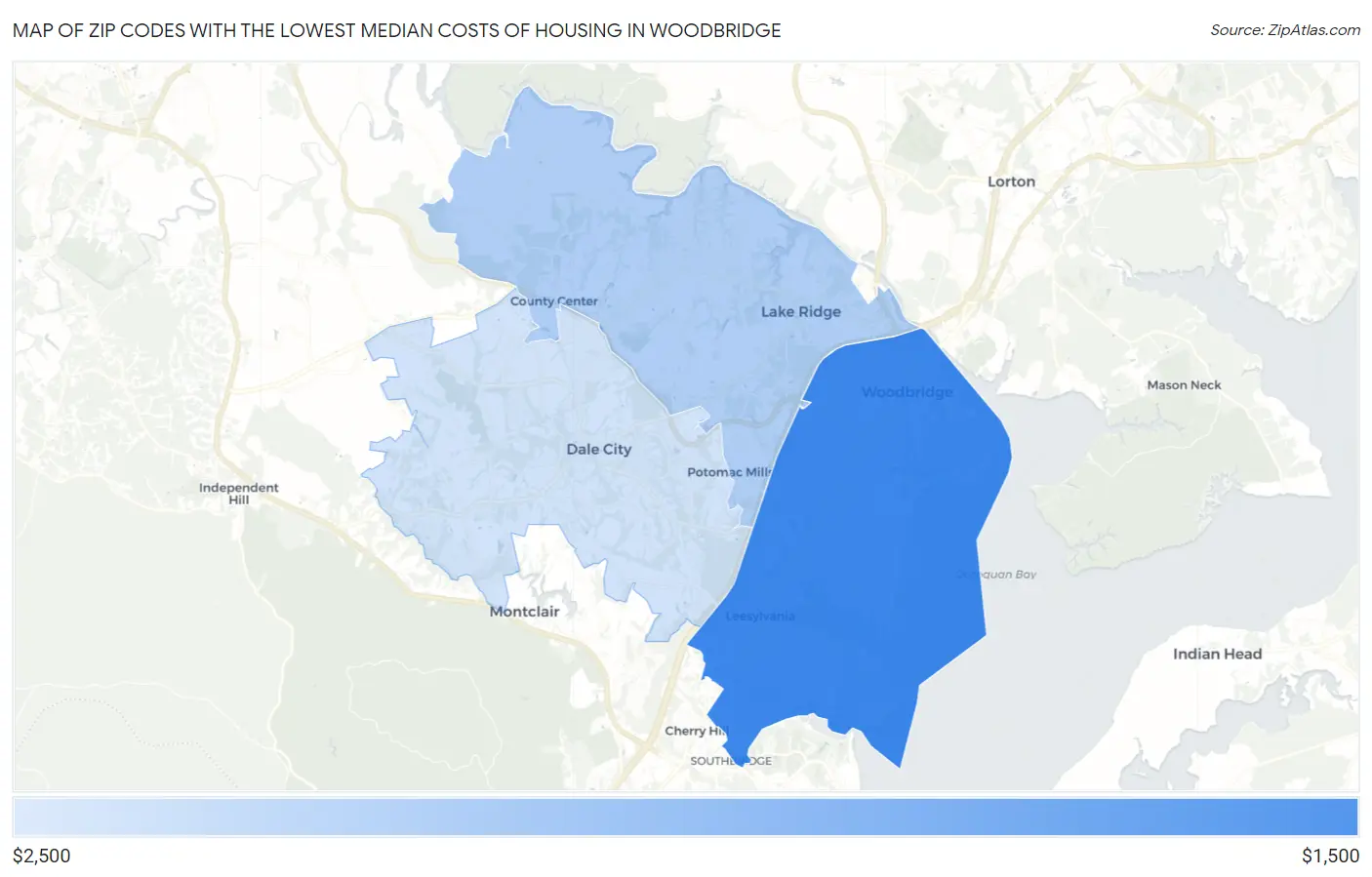 Zip Codes with the Lowest Median Costs of Housing in Woodbridge Map