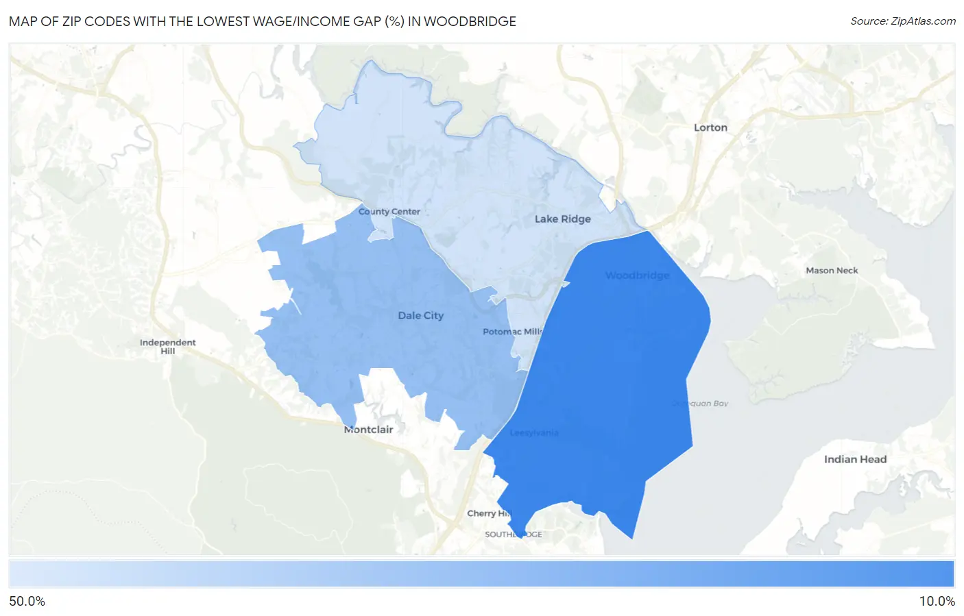 Zip Codes with the Lowest Wage/Income Gap (%) in Woodbridge Map