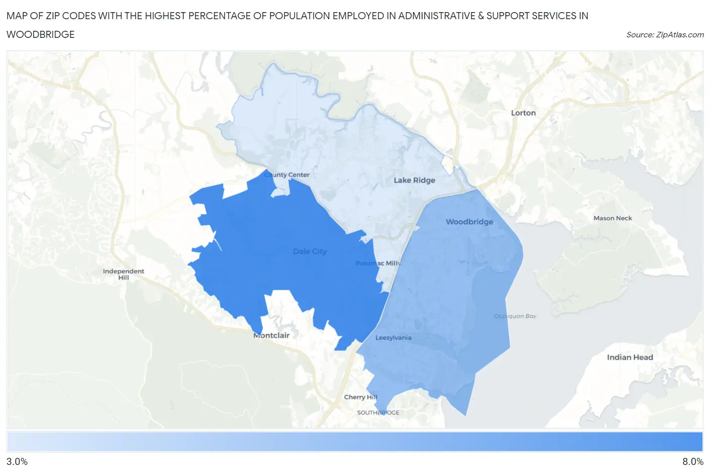 Zip Codes with the Highest Percentage of Population Employed in Administrative & Support Services in Woodbridge Map
