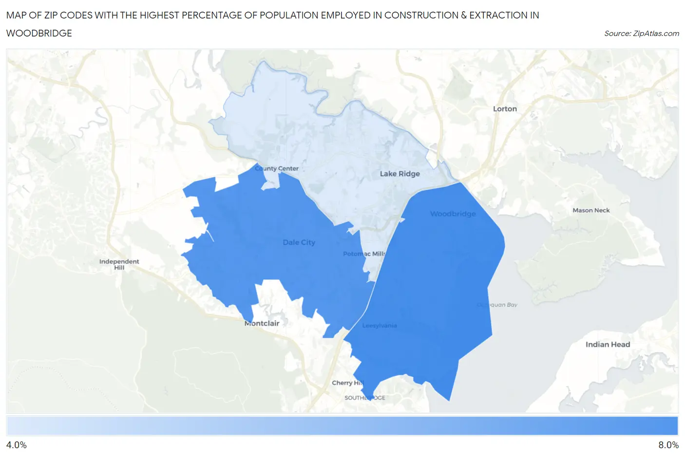 Zip Codes with the Highest Percentage of Population Employed in Construction & Extraction in Woodbridge Map