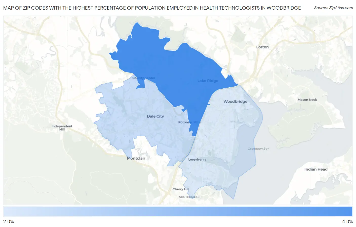 Zip Codes with the Highest Percentage of Population Employed in Health Technologists in Woodbridge Map