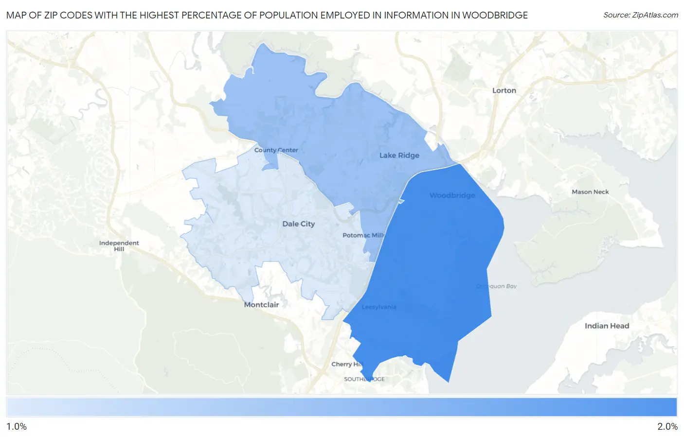 Zip Codes with the Highest Percentage of Population Employed in Information in Woodbridge Map