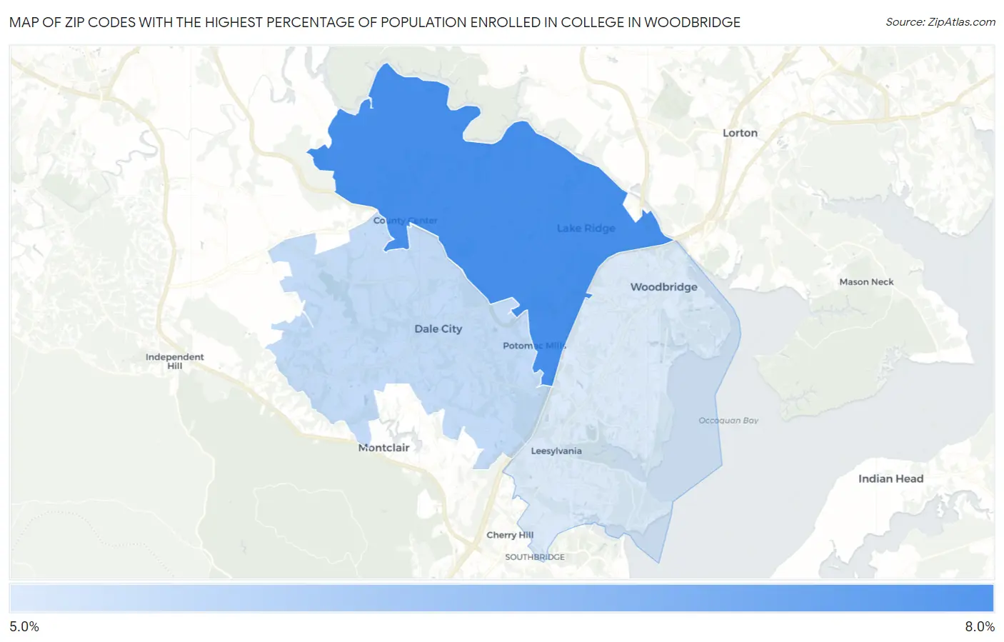 Zip Codes with the Highest Percentage of Population Enrolled in College in Woodbridge Map