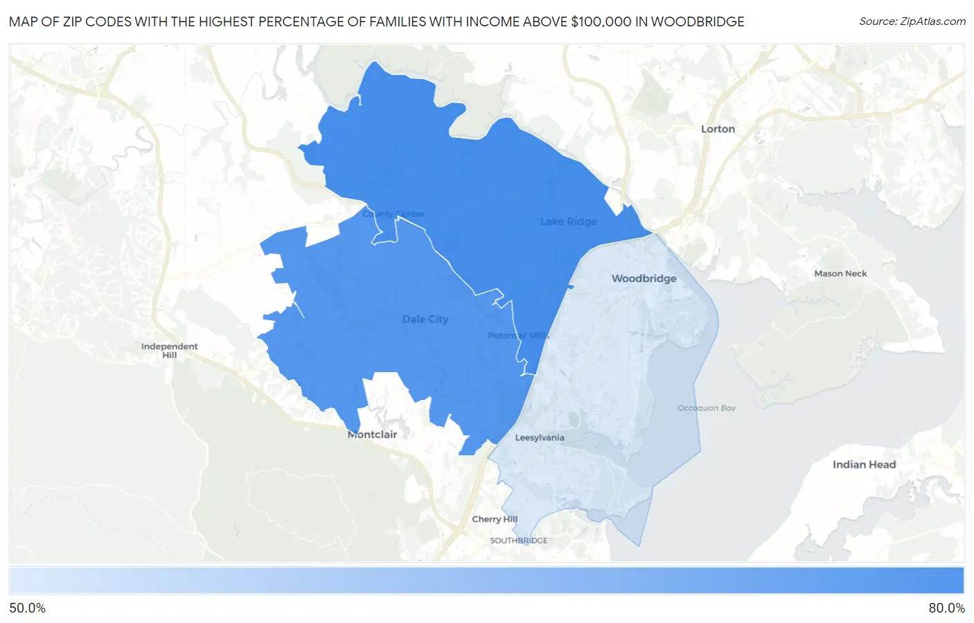 Zip Codes with the Highest Percentage of Families with Income Above $100,000 in Woodbridge Map