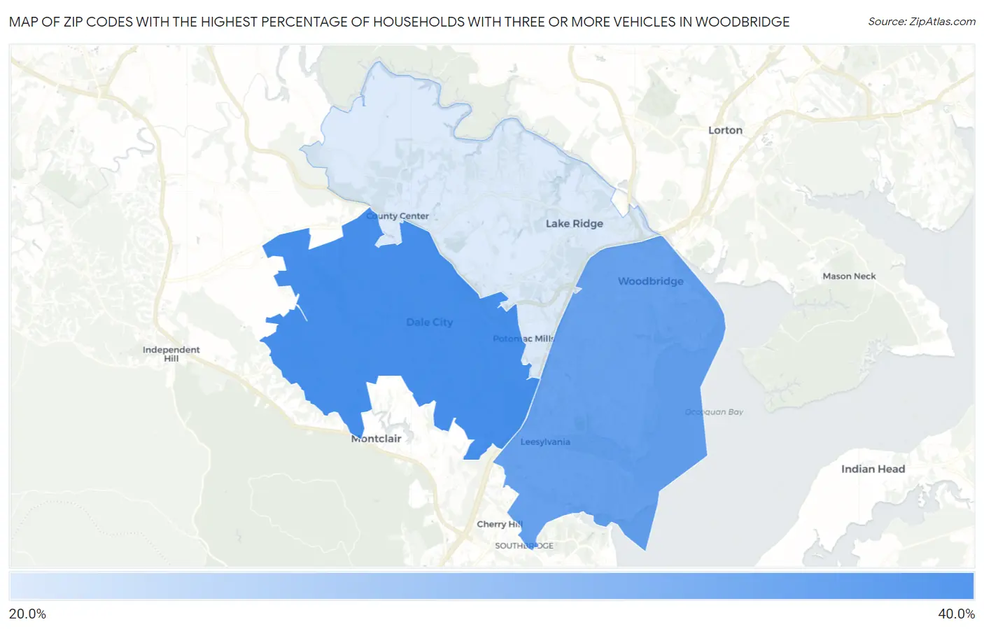 Zip Codes with the Highest Percentage of Households With Three or more Vehicles in Woodbridge Map