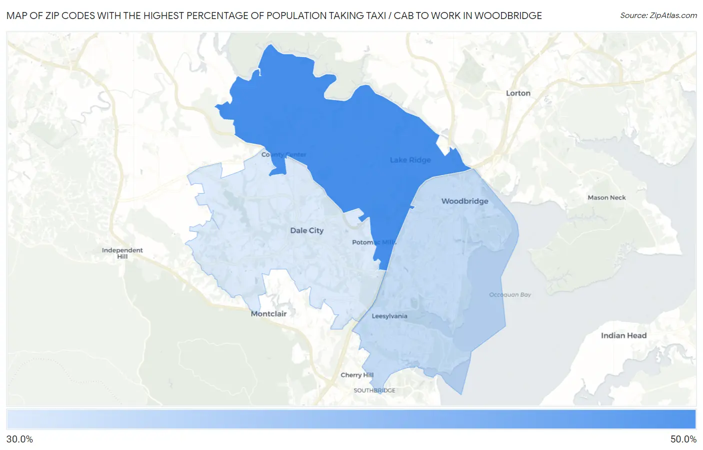 Zip Codes with the Highest Percentage of Population Taking Taxi / Cab to Work in Woodbridge Map