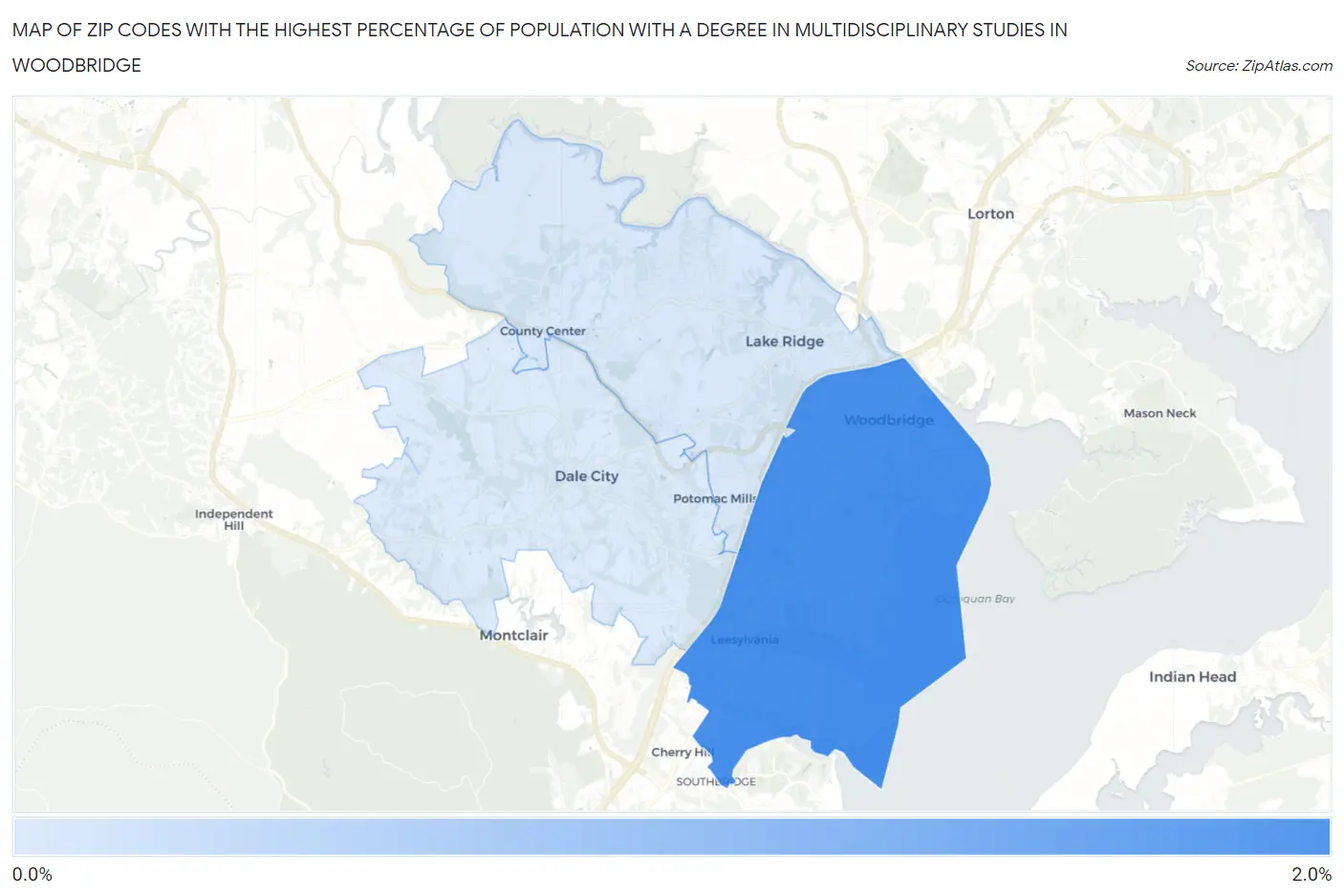 Zip Codes with the Highest Percentage of Population with a Degree in Multidisciplinary Studies in Woodbridge Map