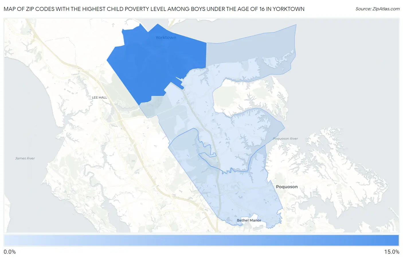 Zip Codes with the Highest Child Poverty Level Among Boys Under the Age of 16 in Yorktown Map