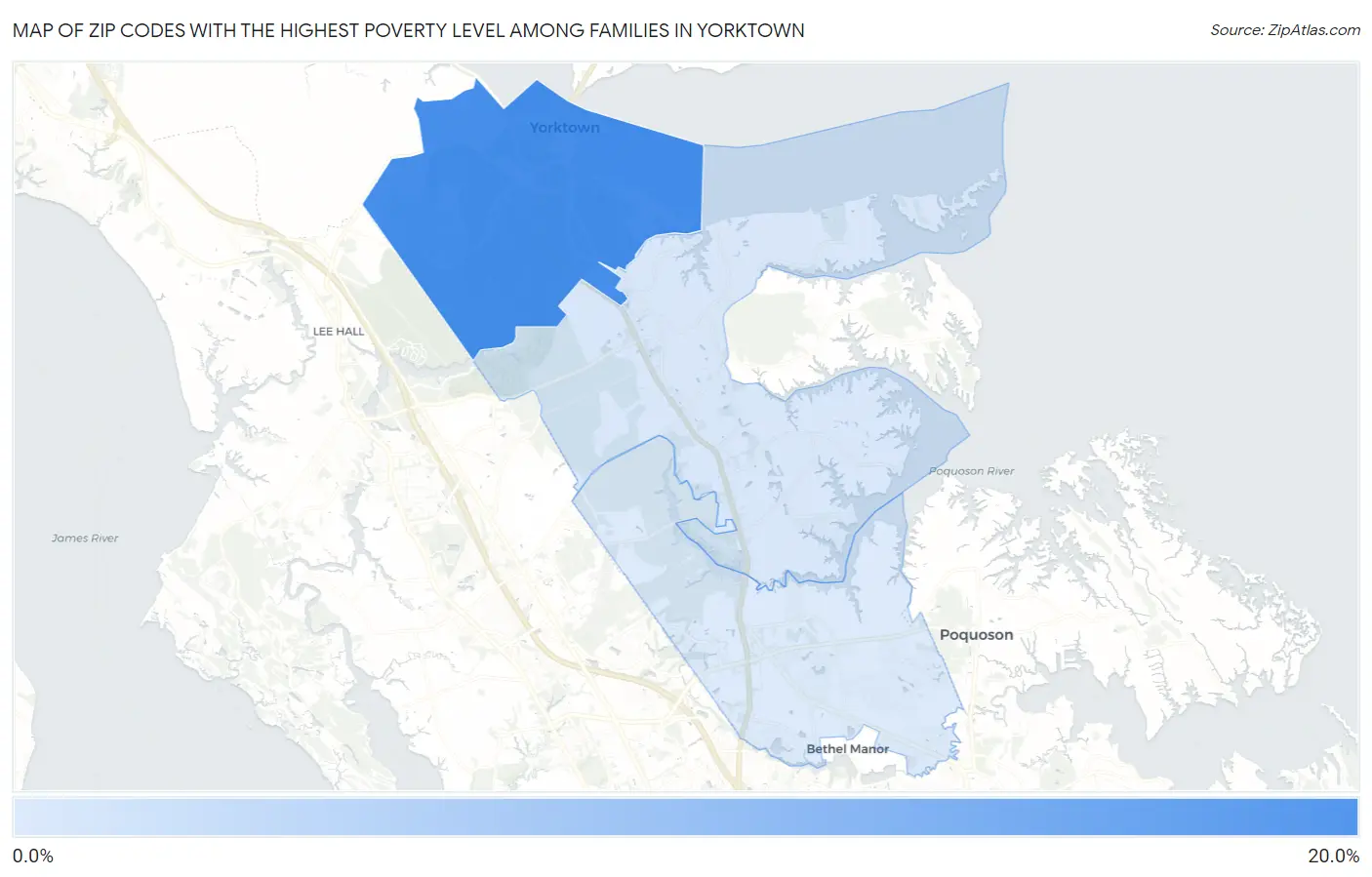 Zip Codes with the Highest Poverty Level Among Families in Yorktown Map