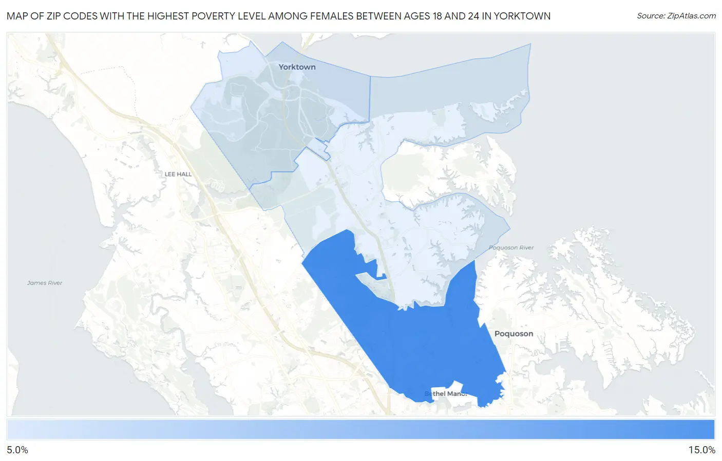 Zip Codes with the Highest Poverty Level Among Females Between Ages 18 and 24 in Yorktown Map